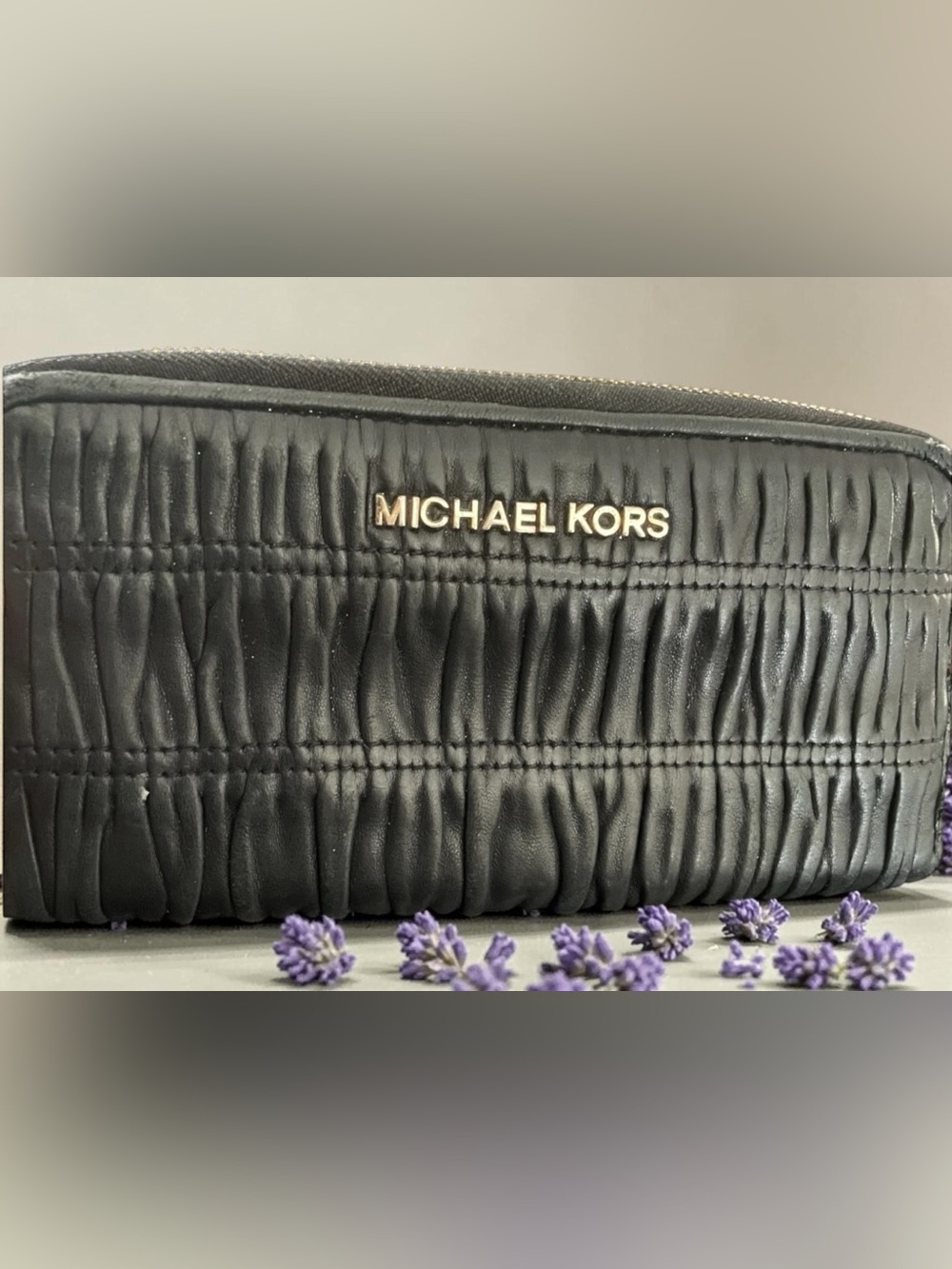 MICHAEL KORS Black Ruched Leather Wristlet